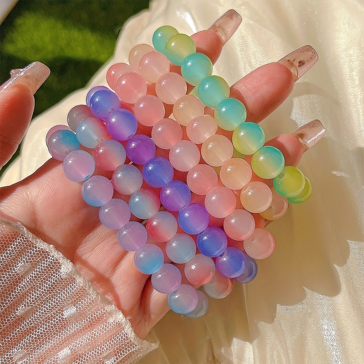 3pcs Pastel Glass Beaded Bracelets Bohemian Style Elastic & Colorful Gift